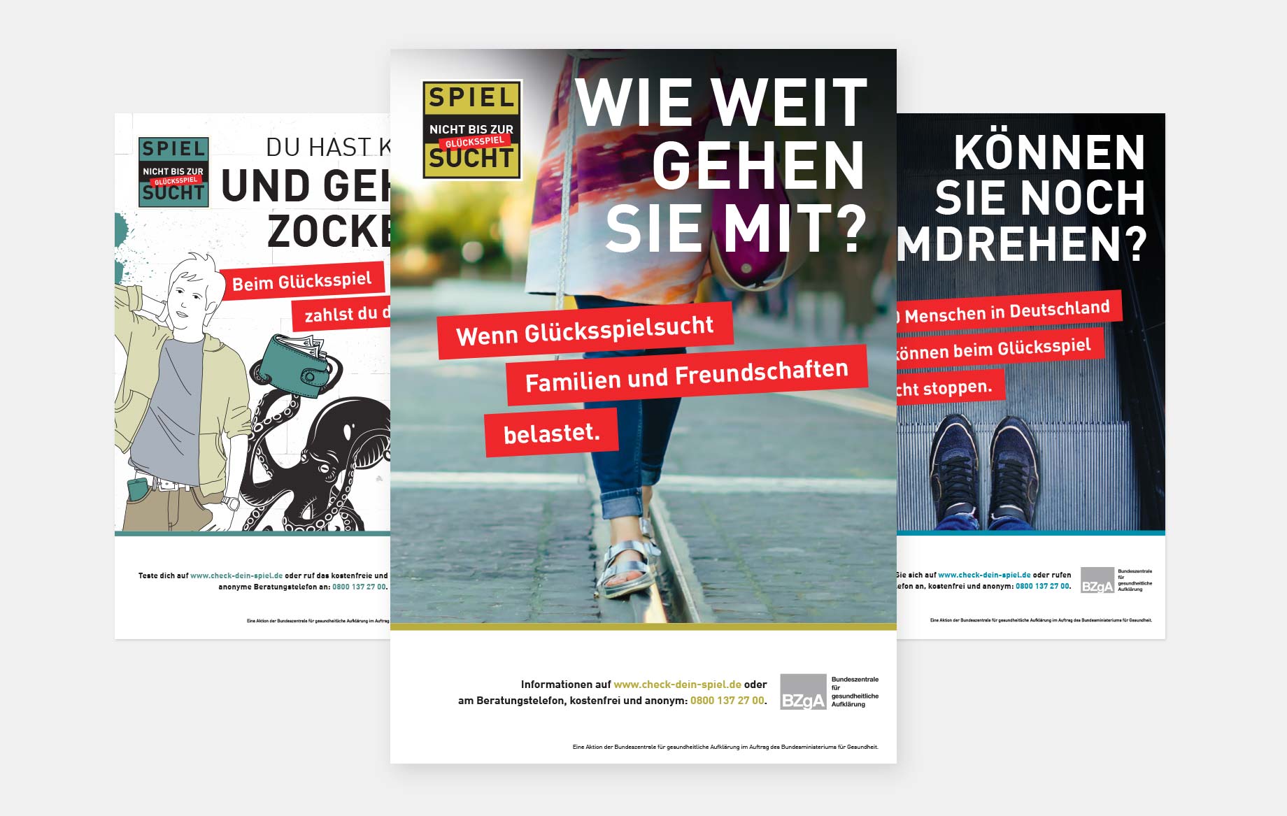 Für jede Zielgruppe entstanden Plakate (Format A2), Anzeigen (Format A4) und Pick-up-Postkarten (Format A6)