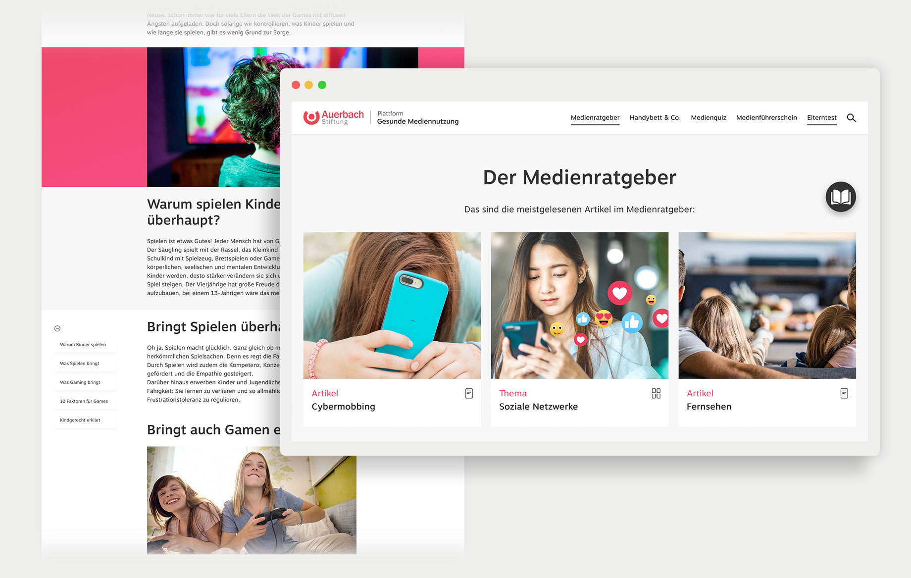 Ein Klick auf das Buchsymbol öffnet den Medienratgeber, der alle wichtigen Themen der digitalen Medienwelt erklärt. Auch in kindgerechter Sprache.